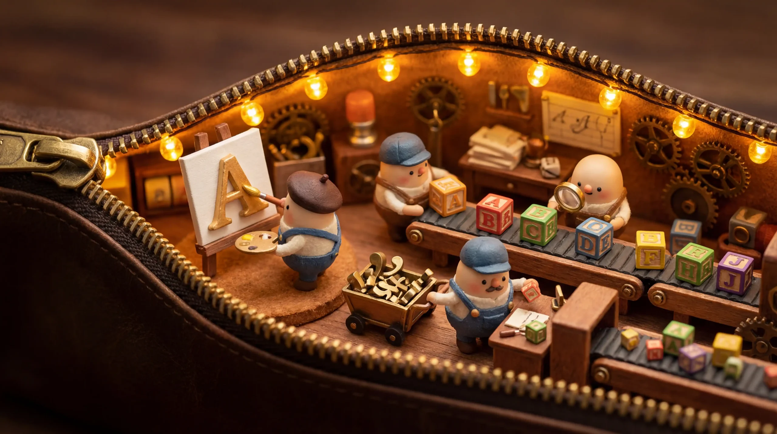 지퍼 속 작은 공방에서 미니어처 캐릭터들이 알파벳 블록을 만들고 있는 모습