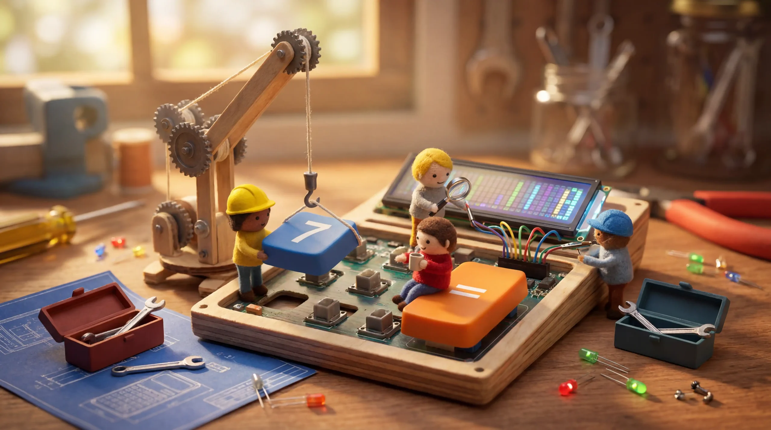 미니어처 캐릭터들이 크레인으로 계산기를 함께 만들고 있는 모습